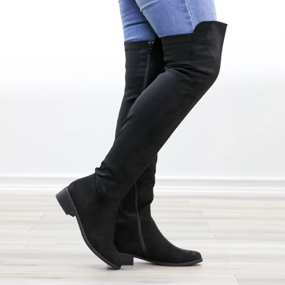 Low Heel Thigh High Boots Womens Over The Knee Suede & Stretchy Material Mix - Picture 2 of 14